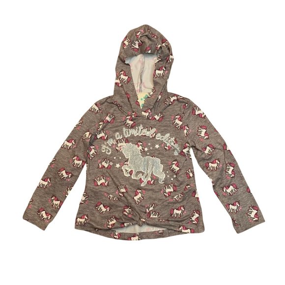 LILY BLEU Girls Soft Unicorn Top Shirt 4 4T Grey Pink Unicorns Knot Hood Girl - Picture 1 of 9